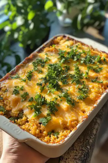 cheesy veggie quinoa casserole taken with iphone 15 pro max --iw 2 --ar 4:5 --v 6.1 --raw