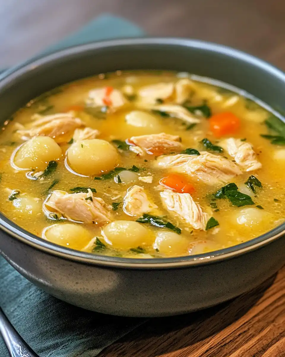 Finished bowl of creamy chicken gnocchi soup garnished and ready to serve