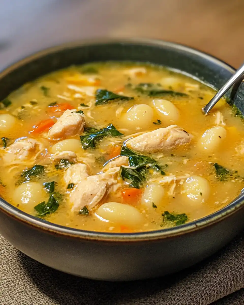 Pressure cooker simmering Chicken Gnocchi Soup bubbling in pot