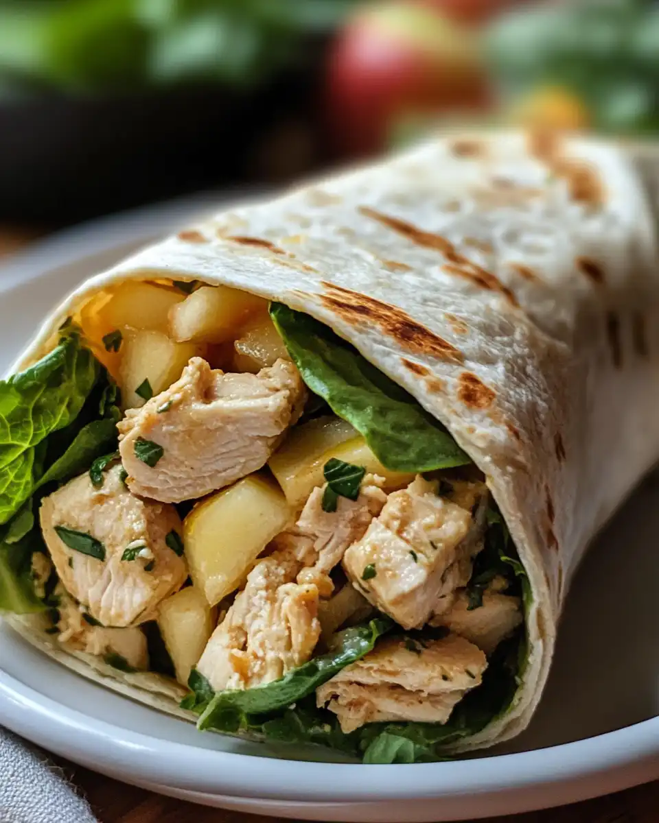 Chicken apple salad being placed on lettuce leaves to make wraps