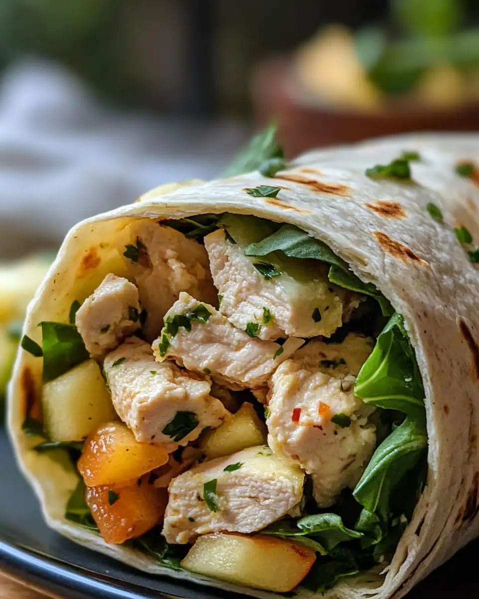 Close up of chicken apple salad wraps showing tender shredded chicken and diced apples wrapped in lettuce