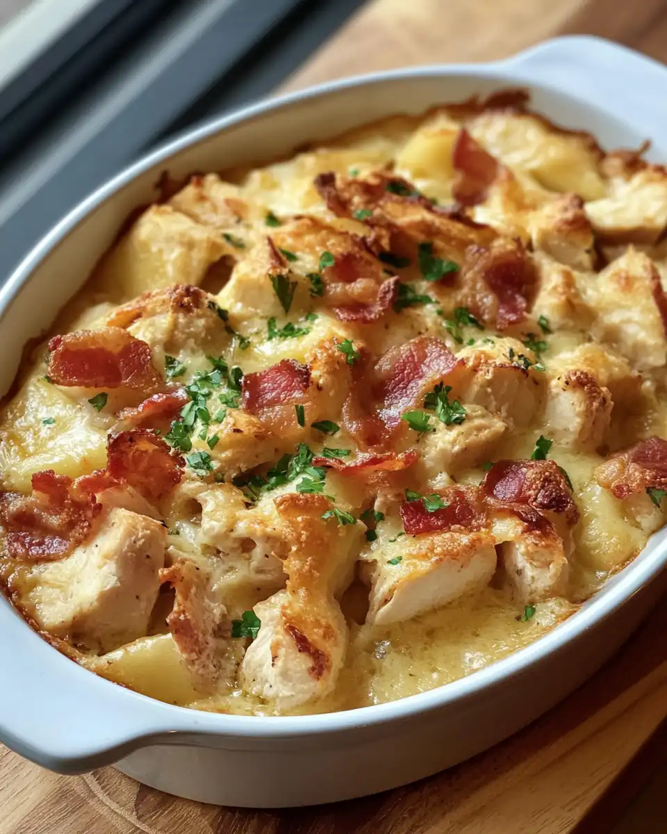 Golden baked chicken bacon casserole fresh from oven