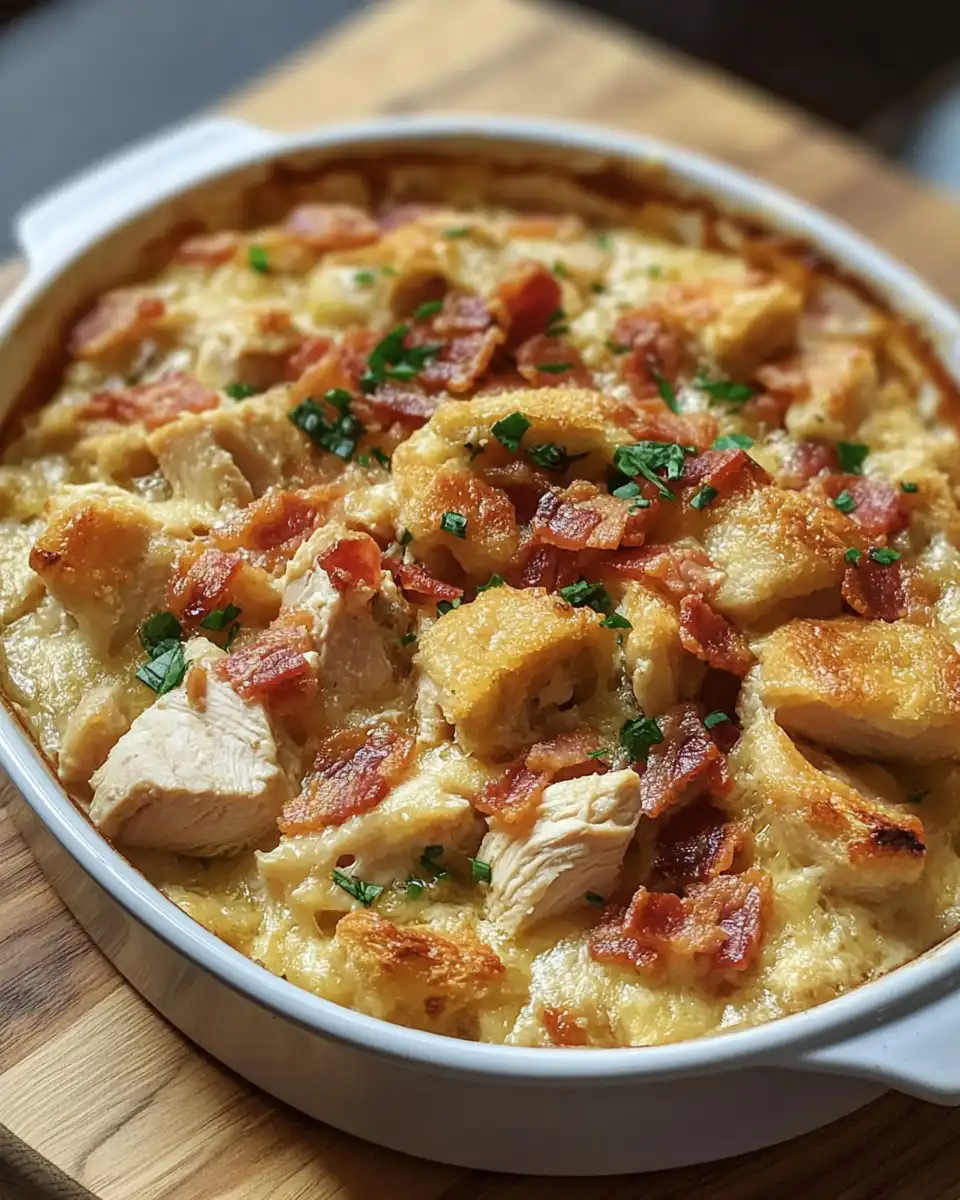 Cheesy chicken bacon casserole bubbling hot in pressure cooker