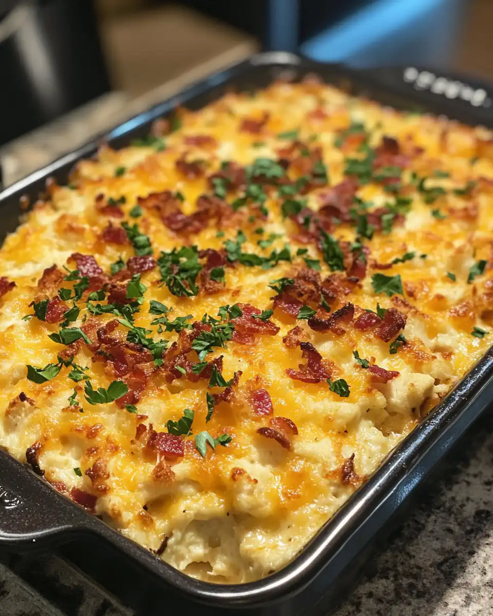 Final plated chicken bacon crunch casserole with melted cheese and crispy bacon topping