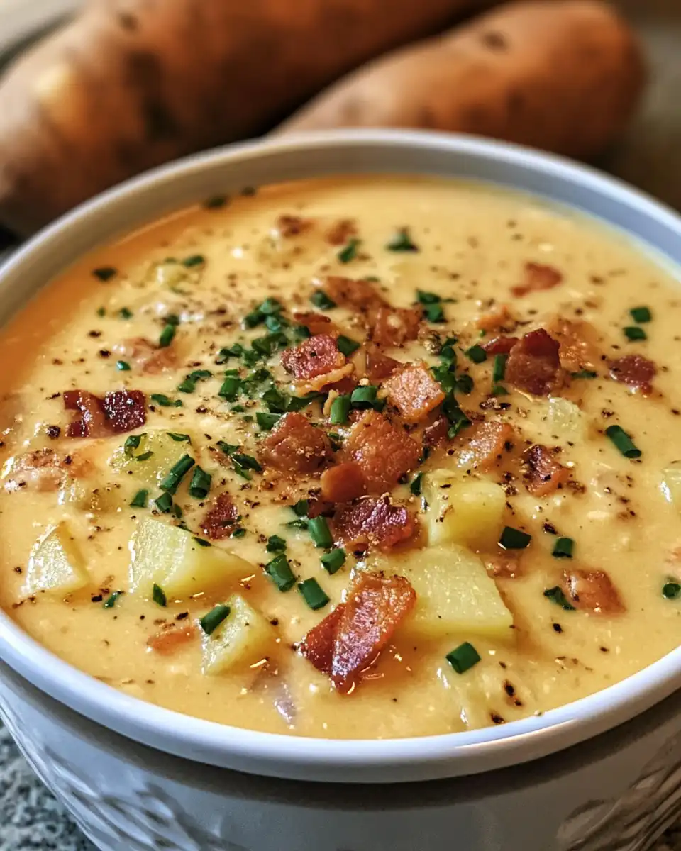 Steaming bowl of chicken bacon potato soup with rich broth and tender ingredients