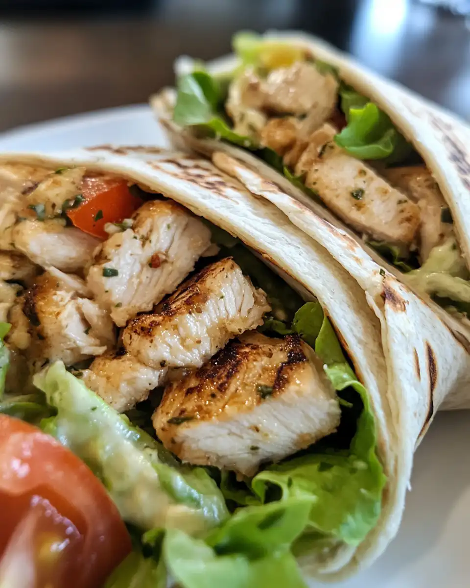 Finished chicken Caesar salad wrap ready to eat with fresh ingredients