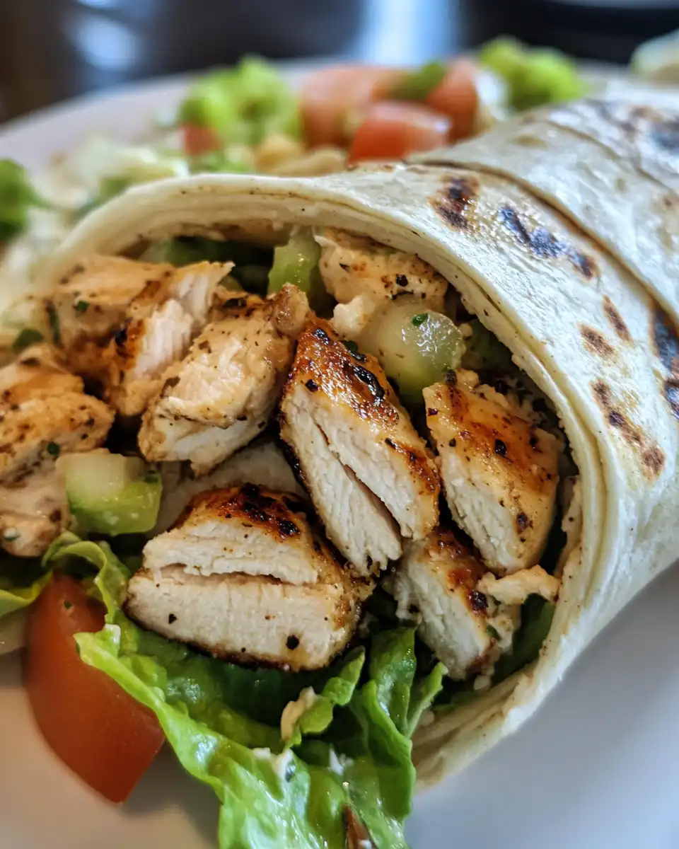 Close-up of chicken Caesar salad wrap with fresh ingredients