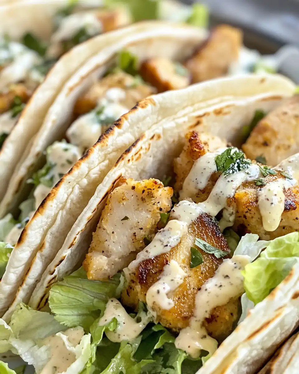 Plated chicken caesar smash tacos with toppings and creamy dressing
