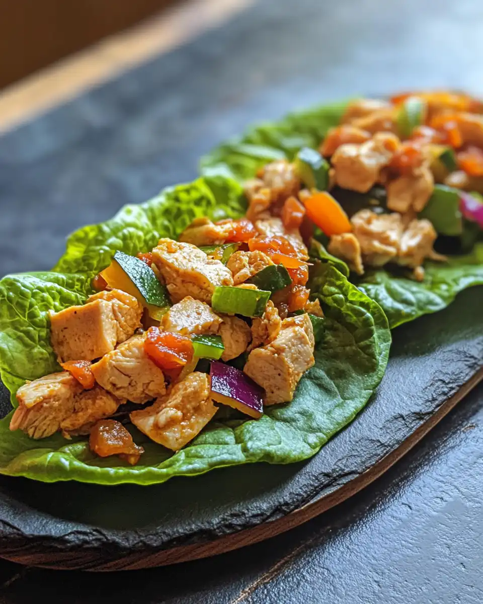 Final plated chicken lettuce wraps with sauce and fresh green onions
