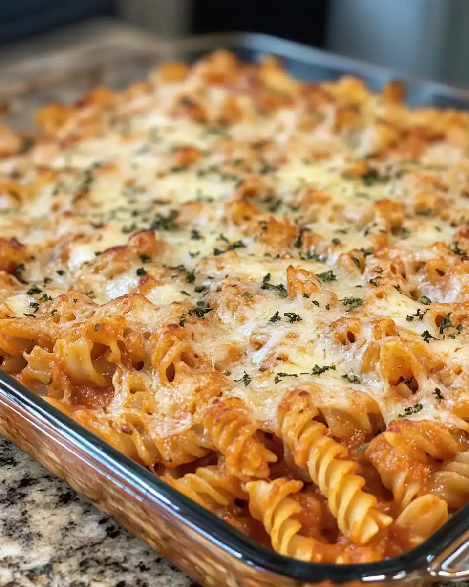Ingredients for chicken Parmesan casserole: penne pasta, chicken breasts, marinara, mozzarella, Parmesan, basil