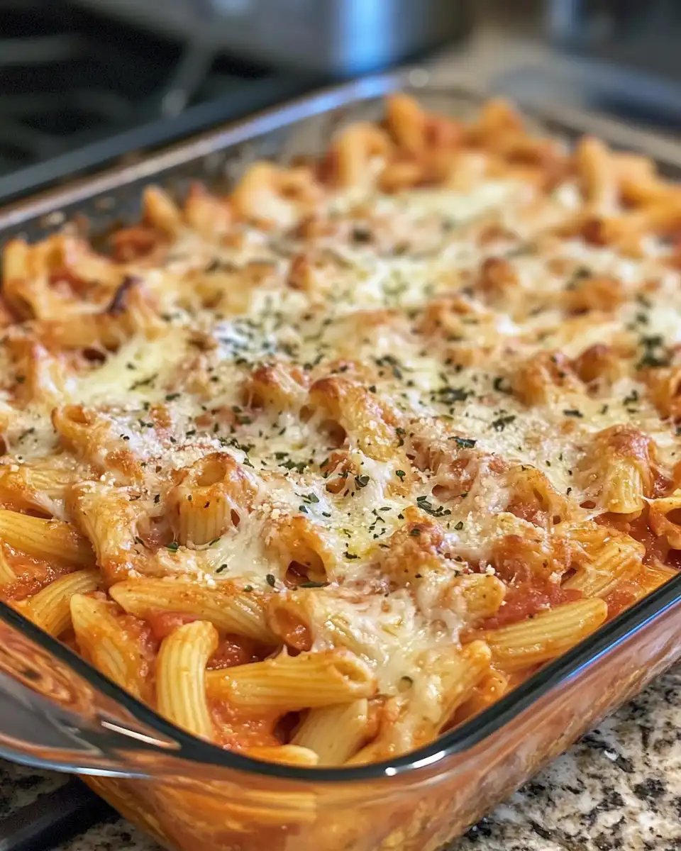Chicken Parmesan casserole baking in the oven with melted cheese bubbling on top