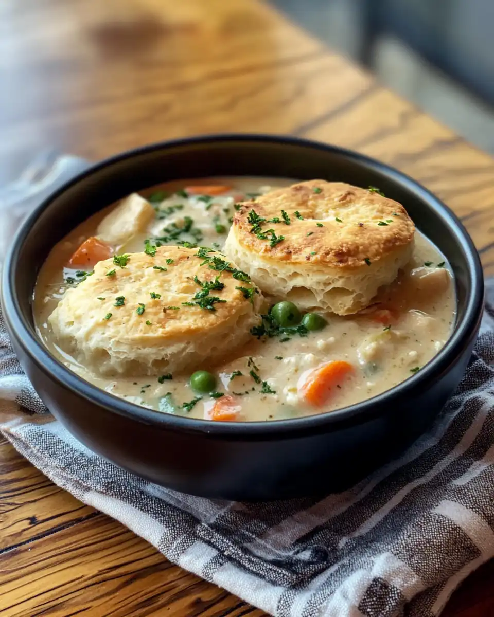 Finished chicken pot pie with golden biscuits ready to serve