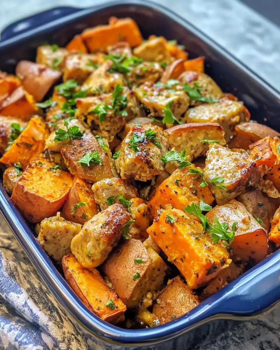 Ingredients including sweet potatoes, bell peppers, and chicken apple sausages prepared for roasting