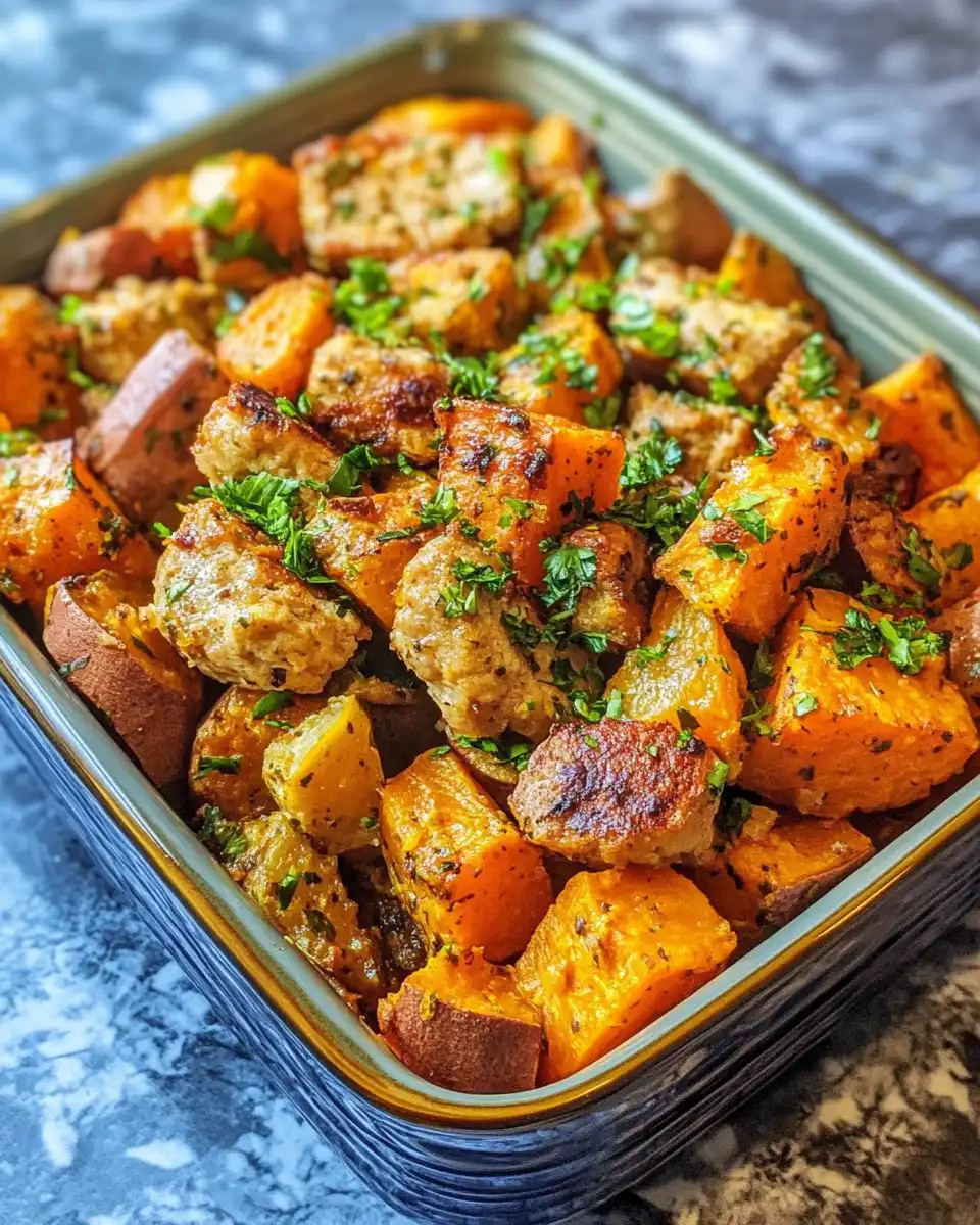 Fully cooked sheet pan chicken apple sausage and roasted vegetables fresh out of the oven