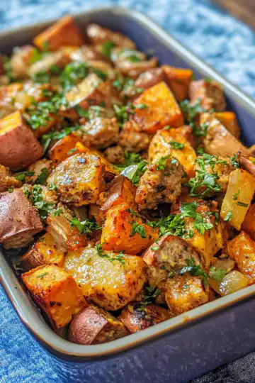 Chicken Sausage Sweet Potato Bake taken with iphone 15 pro max --iw 2 --ar 4:5 --v 6.1 --raw