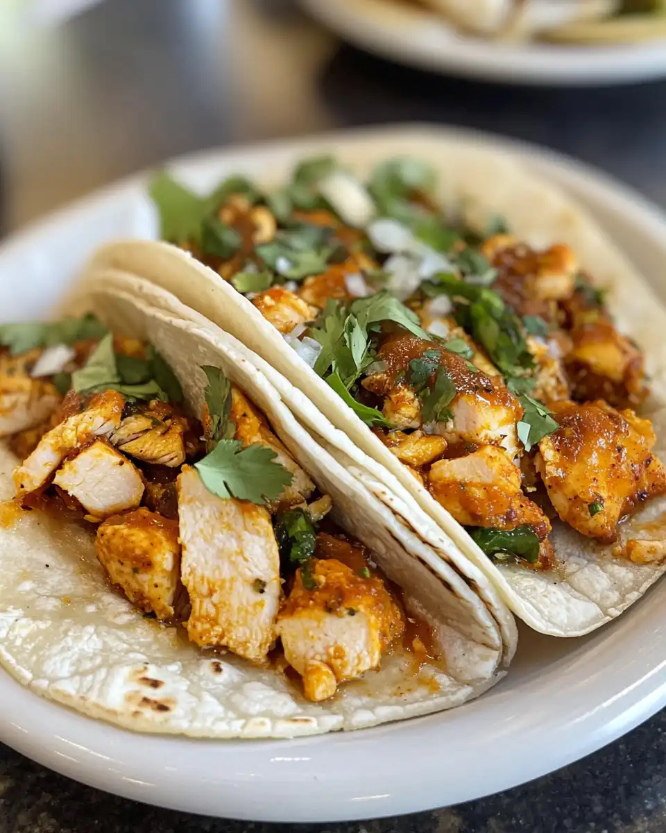 Final plated chicken street tacos served with toppings