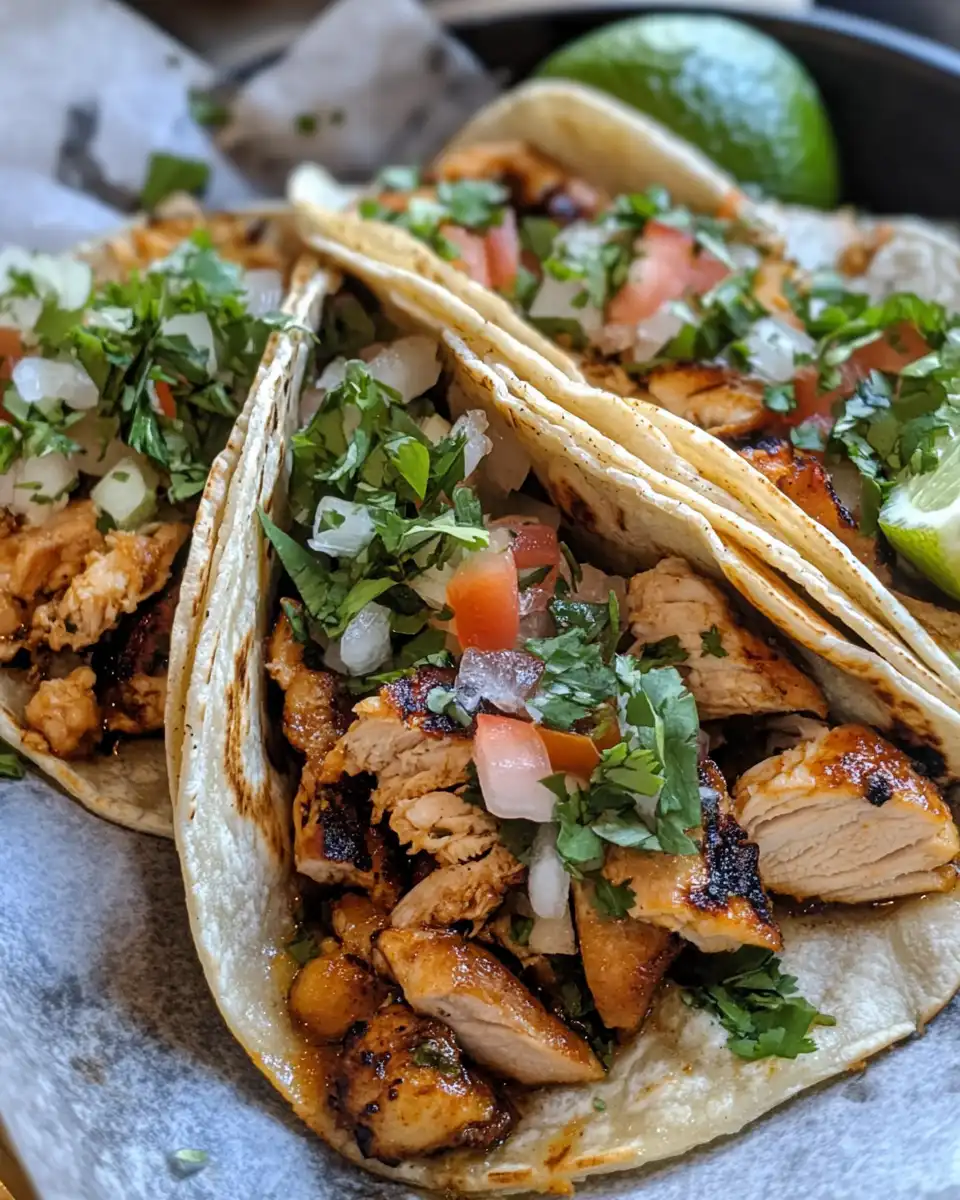 Finished chicken street tacos plated with fresh toppings ready to serve