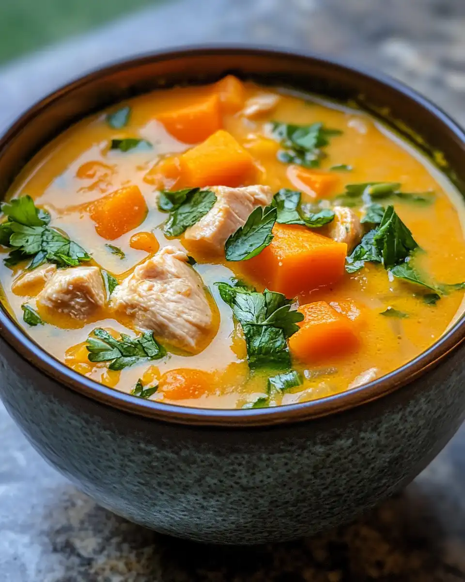Final creamy chicken sweet potato soup served in a bowl