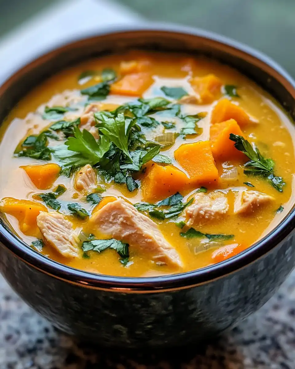 Steam rising from chicken sweet potato soup in pressure cooker