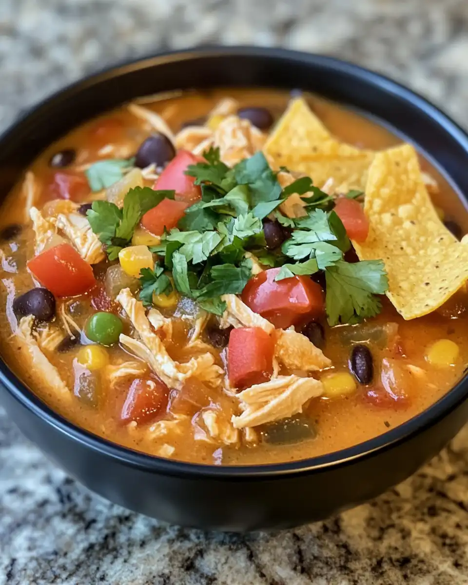 Finished chicken taco soup served with toppings and garnishes
