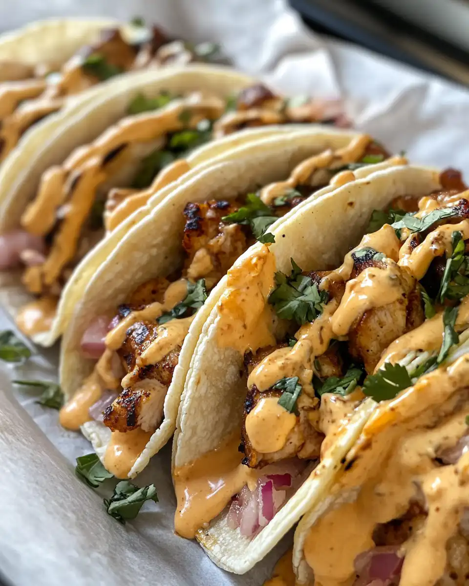 Final plated chicken tacos served with fresh toppings