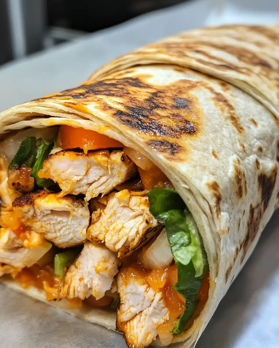 Plated chicken tortilla wrap with toppings ready to serve