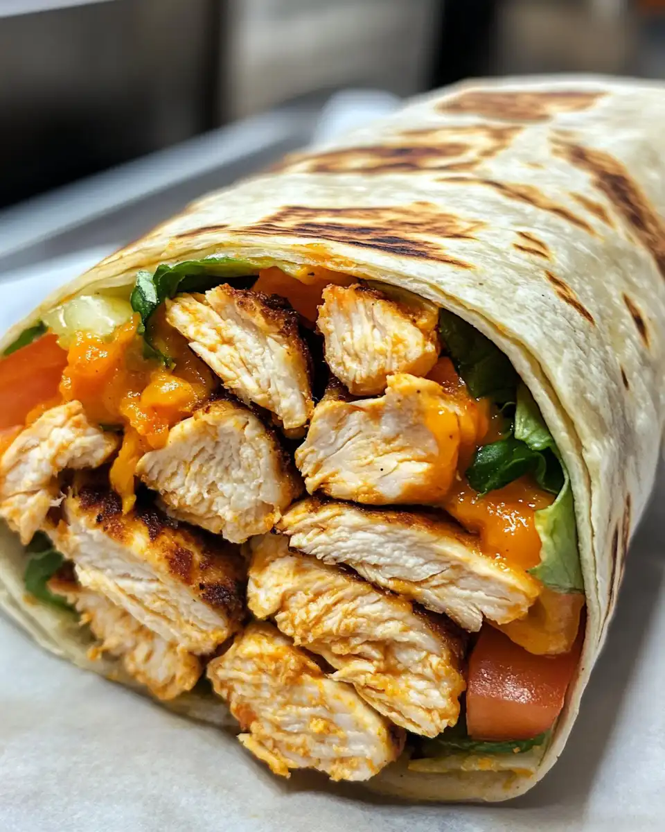 Close-up of delicious chicken tortilla wrap freshly made