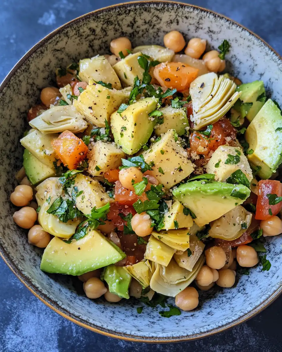 Fresh chickpea artichoke avocado salad with apple in bowl