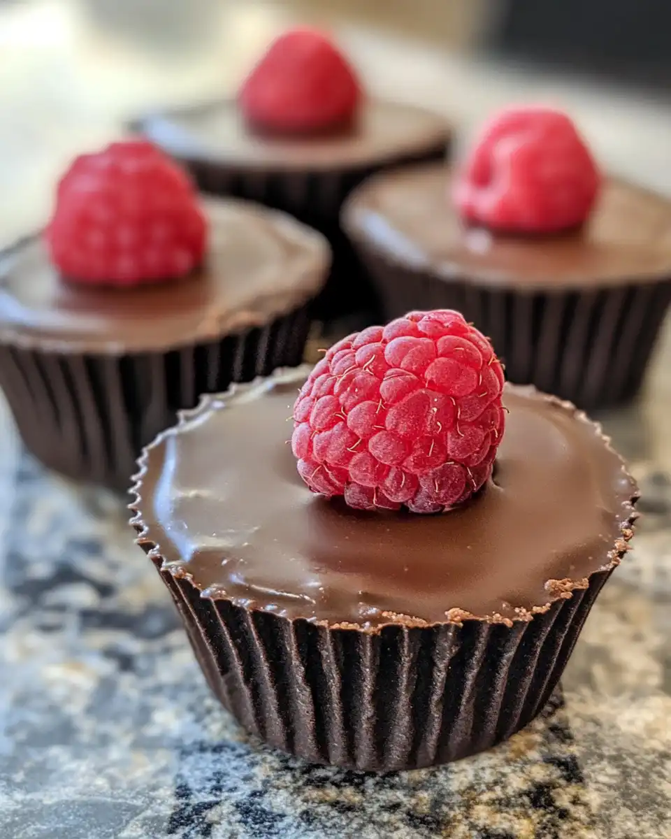 Ingredients for chocolate raspberry cups laid out on kitchen counter including raspberries and chocolate chips