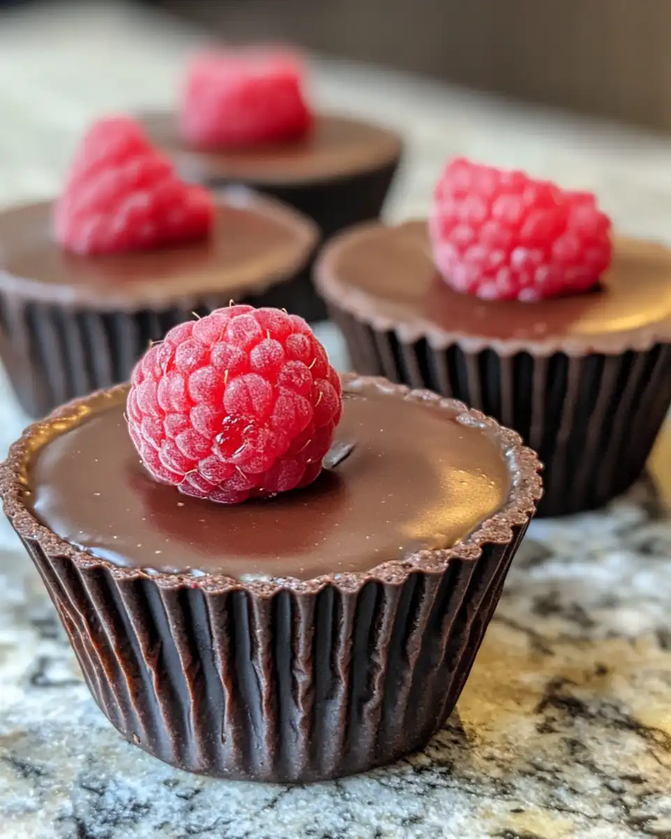 Chocolate raspberry cups arranged on serving plate ready to eat