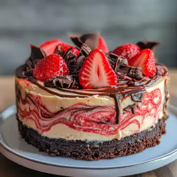 chocolate strawberry swirl cheesecake taken with iphone 15 pro max --iw 2 --ar 4:5 --v 6.1 --raw