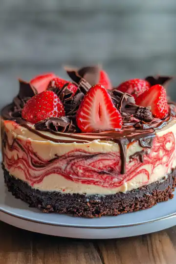 chocolate strawberry swirl cheesecake taken with iphone 15 pro max --iw 2 --ar 4:5 --v 6.1 --raw