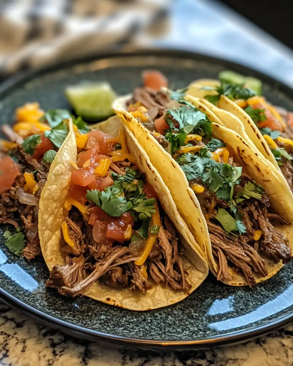 Slow cooker chuck roast tacos plated and ready to serve