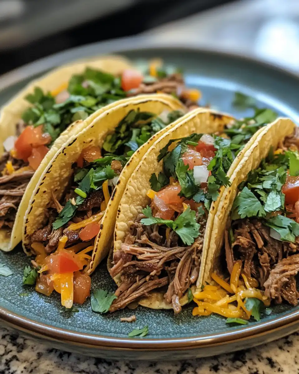 Juicy chuck roast slow cooker tacos in soft tortillas