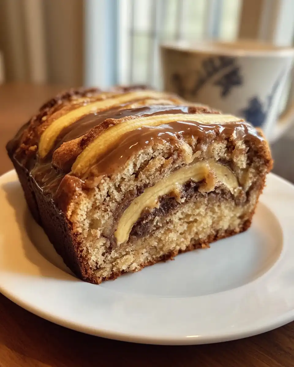 Slice of cinnamon swirl banana bread showing moist and tender texture