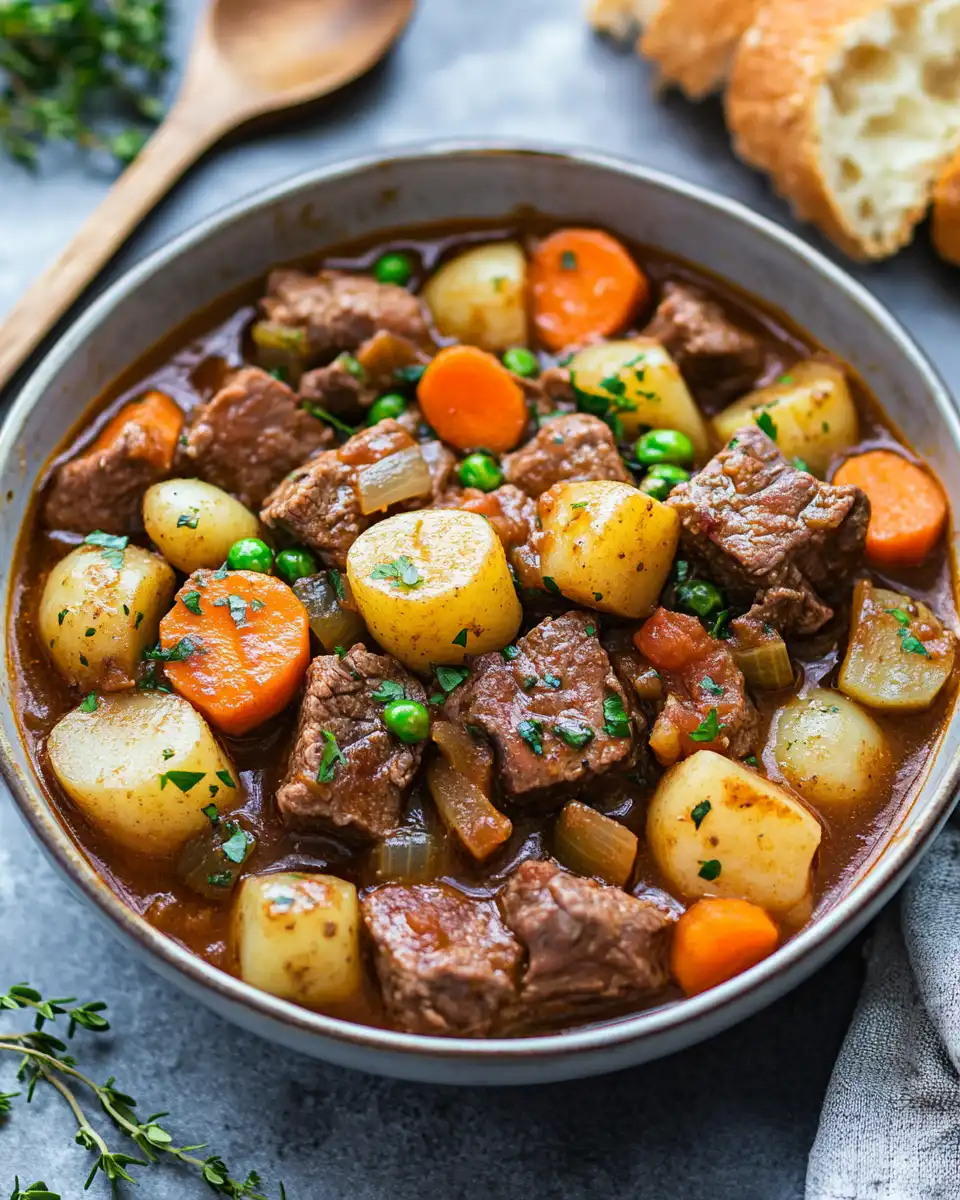 Final beef stew cooked and ready to serve
