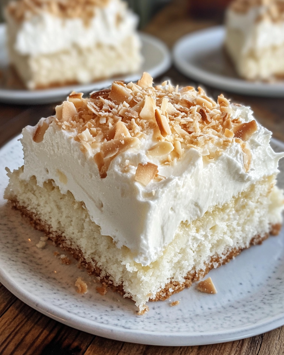 Final served pressure cooker coconut poke cake with coconut flakes garnish