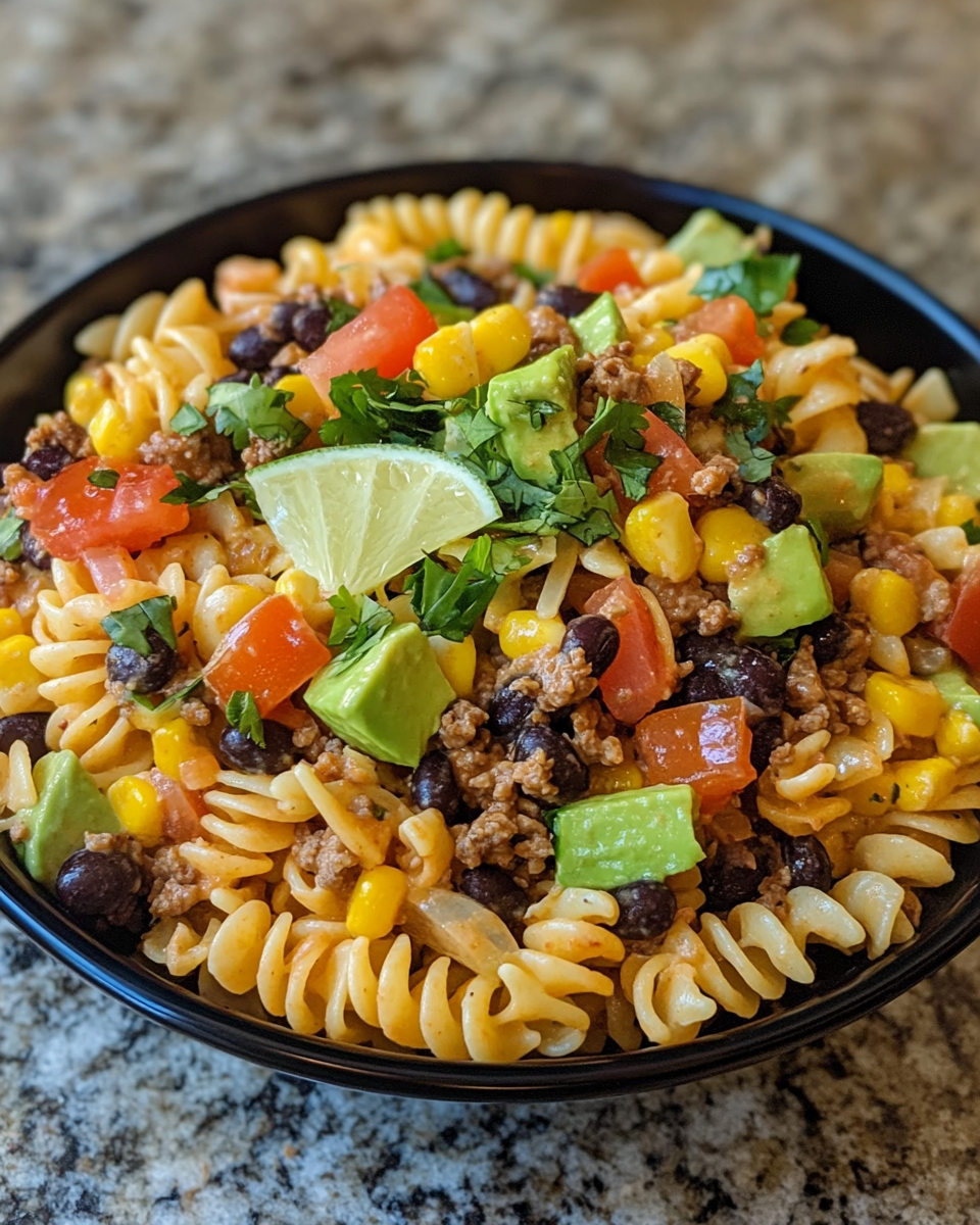 Diced fresh vegetables and shredded cheddar cheese ready for taco pasta salad