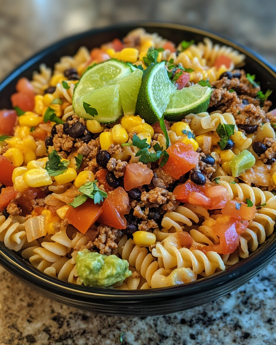 A plate of freshly served taco pasta salad with crushed Doritos and fresh lettuce garnish