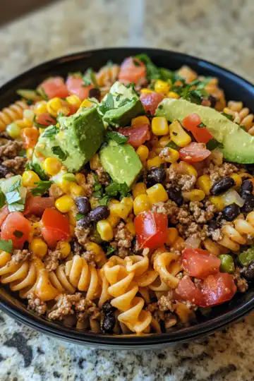 Cold Taco Pasta Salad taken with iphone 15 pro max --iw 2 --ar 4:5 --v 6.1 --raw