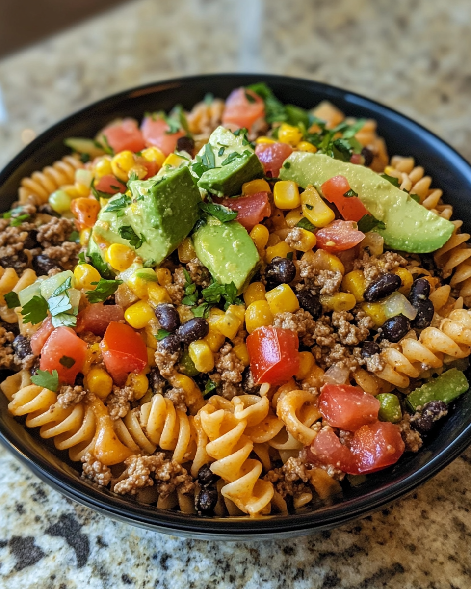 Fresh and colorful taco pasta salad with seasoned beef and vibrant vegetables