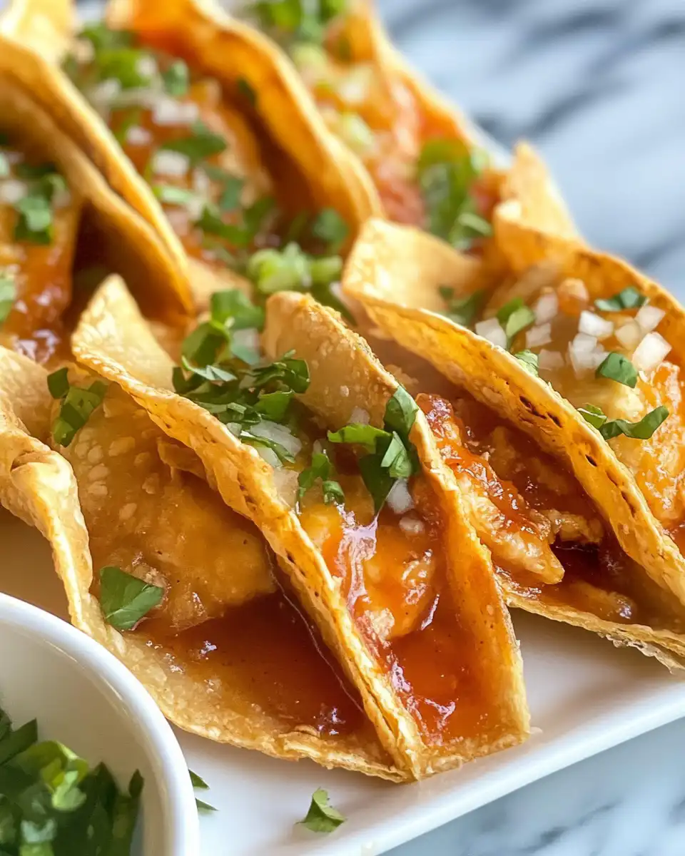 Final plated chicken wonton tacos with fresh toppings and sweet chili drizzle