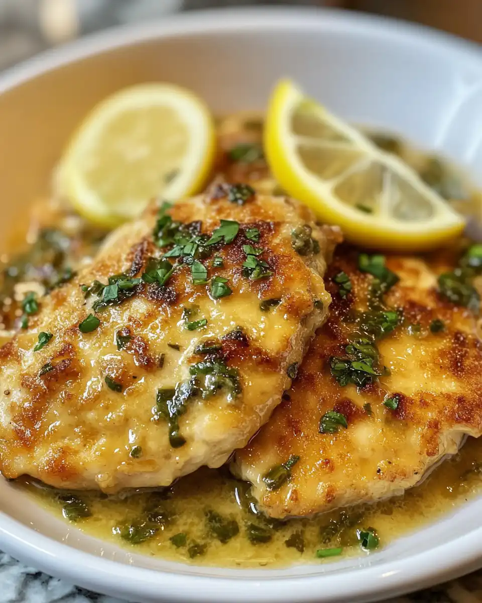 Plated chicken piccata with mushrooms and creamy caper lemon sauce served over pasta