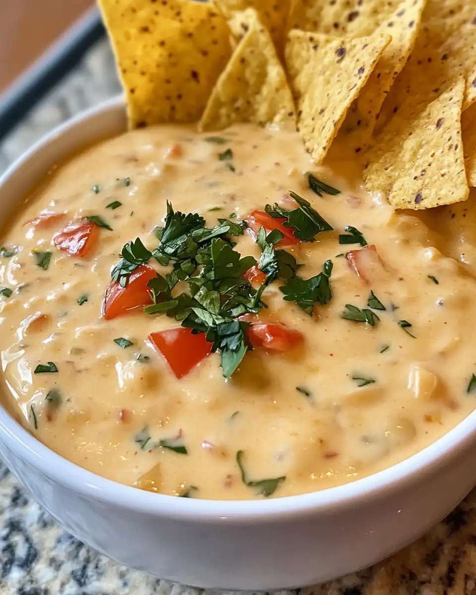 Final cheesy queso dip served with tortilla chips and garnishes