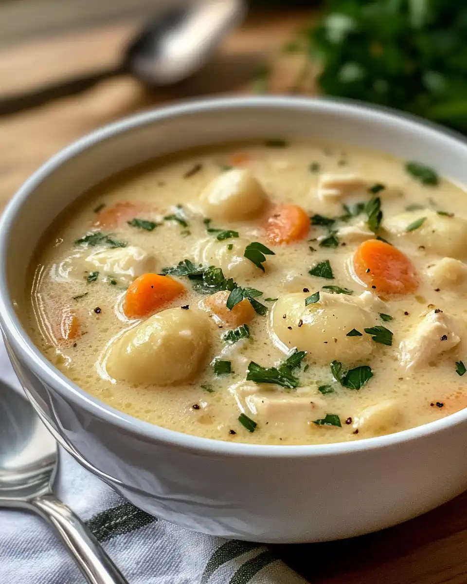 Key ingredients for chicken gnocchi soup in bowls including chicken, spinach, and broth