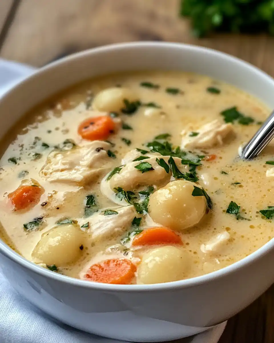 Cooking process showing creamy broth with gnocchi and chicken in pot