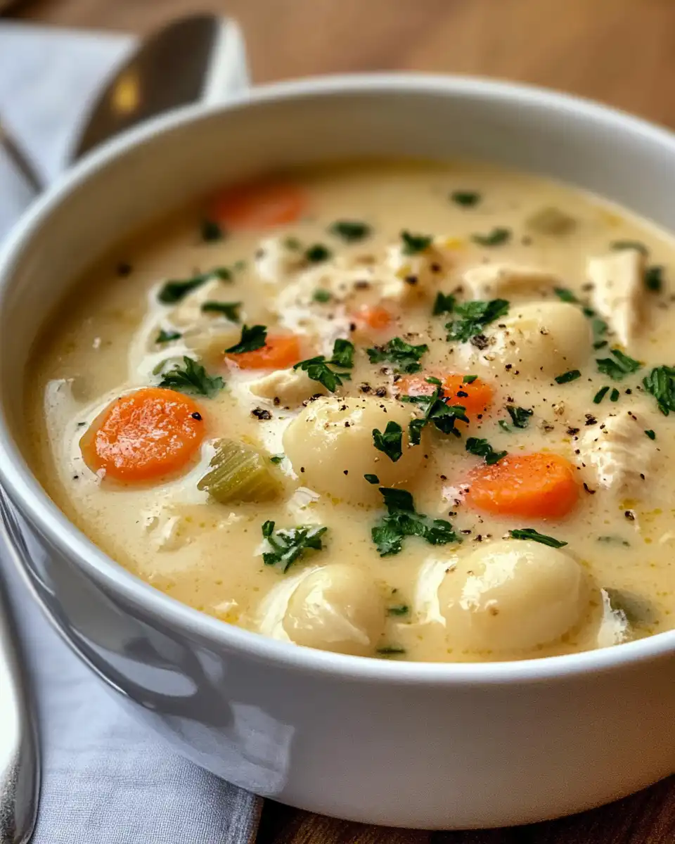 Creamy chicken gnocchi soup steam rising from pressure cooker
