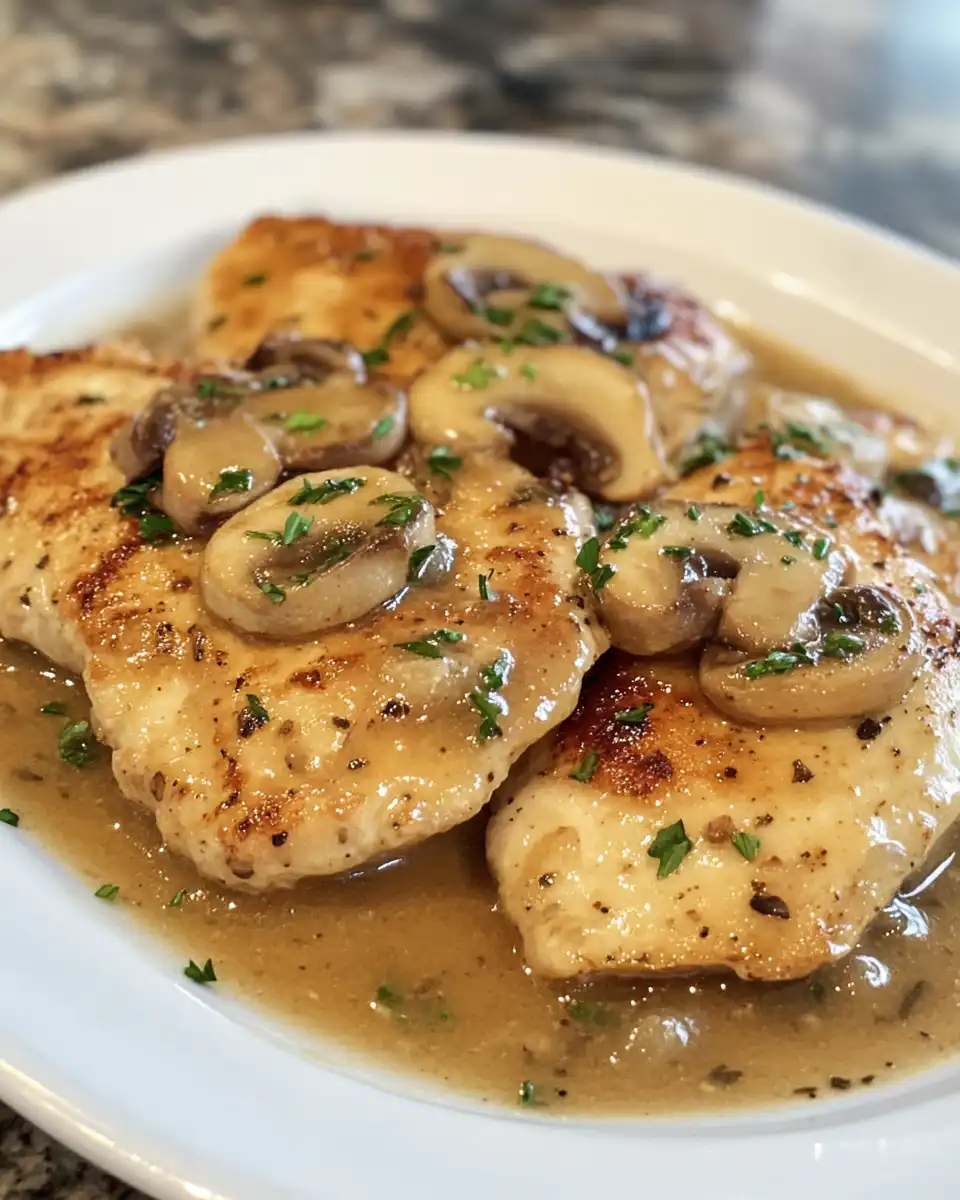 Ingredients for chicken marsala including shallots, mushrooms, garlic, and Marsala wine