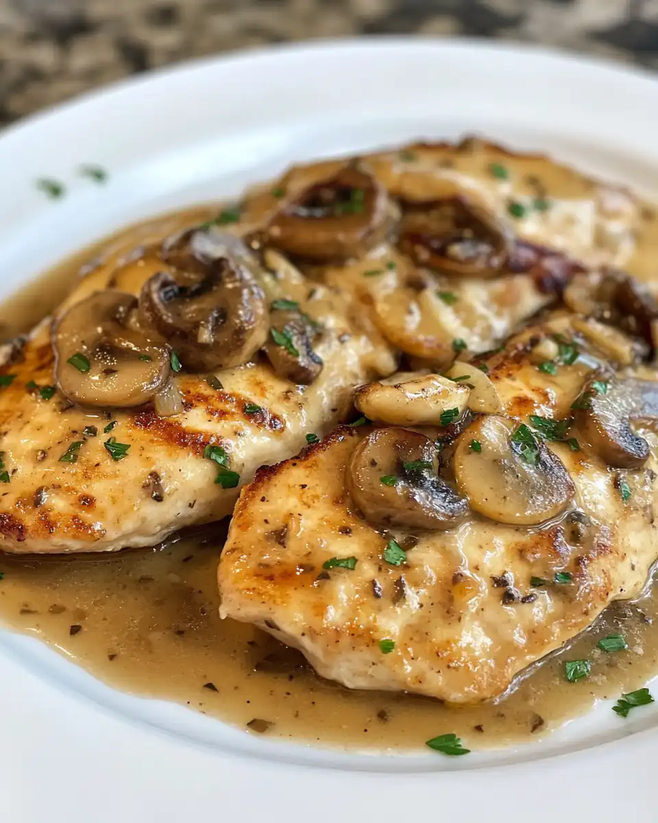 Plated chicken marsala served hot with mushrooms and sauce
