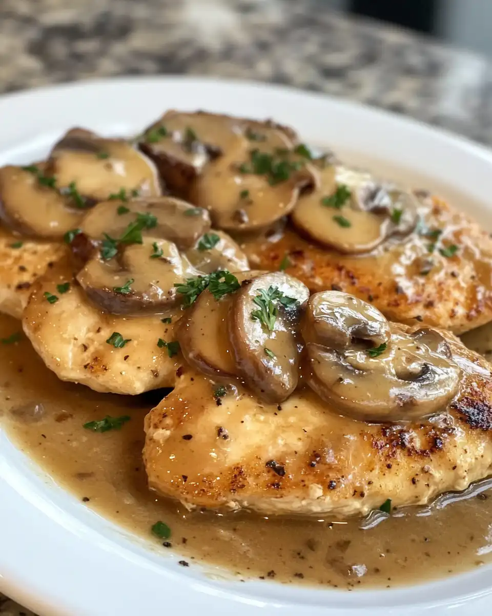 Close-up of tender chicken marsala simmering in pressure cooker with mushrooms and Marsala wine
